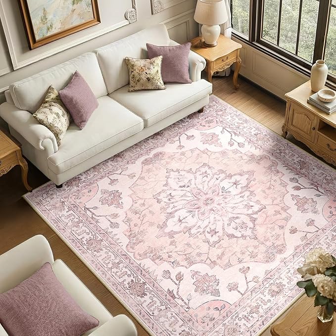 RELEANY Area Rugs Square 6ft Washable Non-Slip, Floral Vintage Distress Print by RELEANY