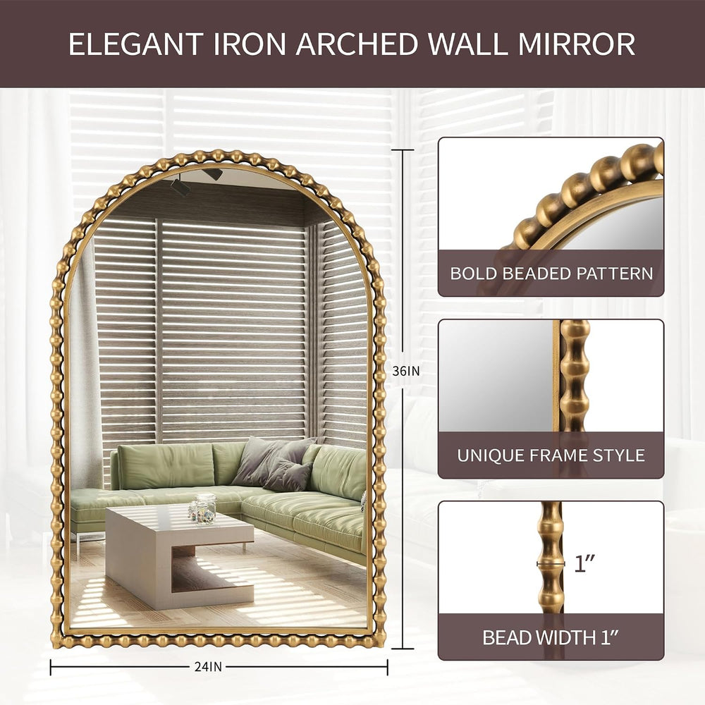 24"x36" Antique Gold Arched Bathroom Mirror, Bold Beaded Frame
