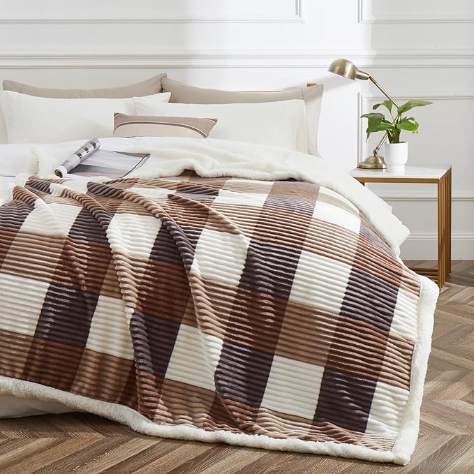 PU MEI Sherpa Blanket Full/Queen Plaid Thick Bed Blanket, 90”*80” Super Soft - Image 2