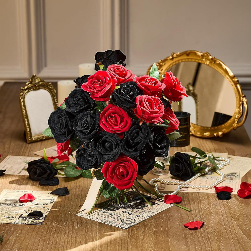 AmyHomie 48 PCS Black Roses, Velvet Realistic Fake Flowers w/Stems