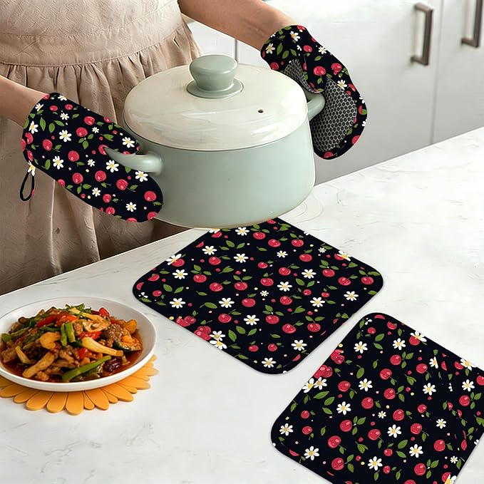 Cherry Oven Mitts and Pot Holders Sets of 4, Heat Resistant Daisy Floral - Image 7