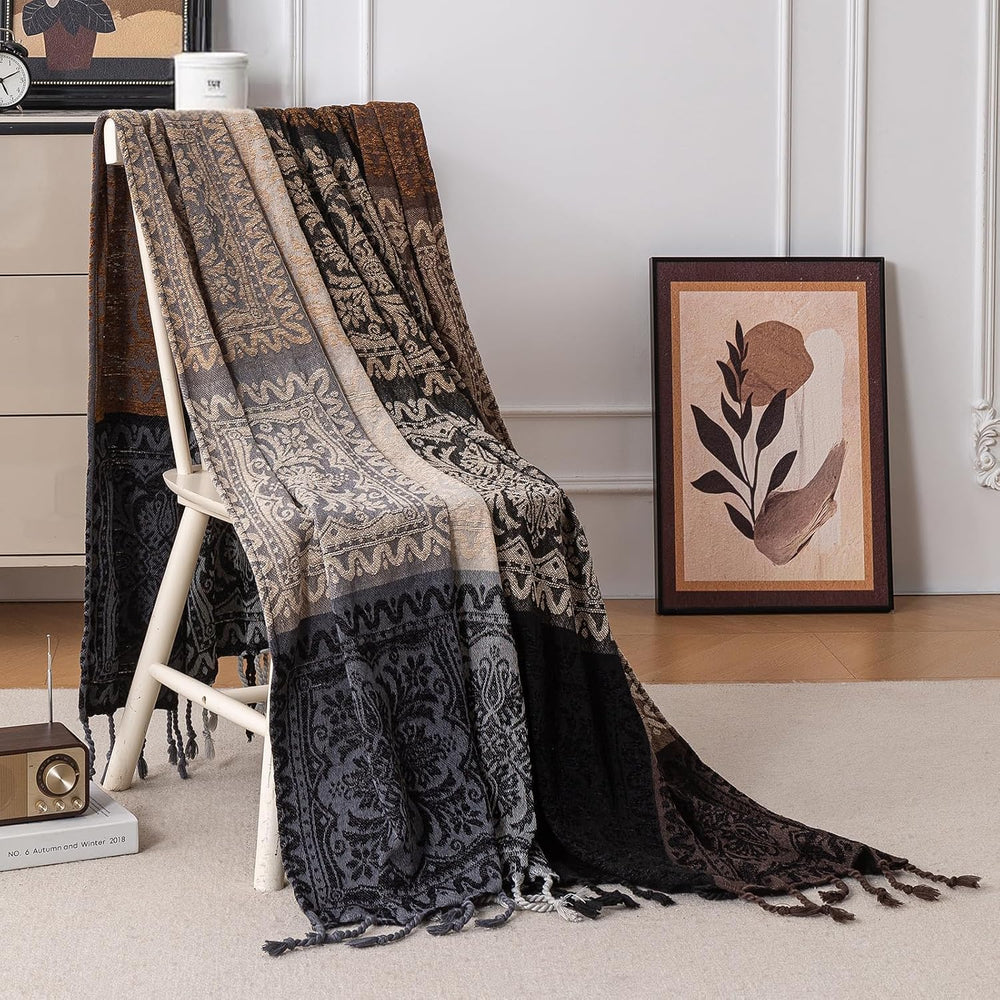 Boho Throw Blanket, Chenille Jacquard Tassels Throw Blankets for Bed Couch So...