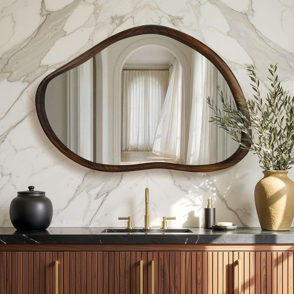 35"x24" Irregular Wood Asymmetrical Walnut Framed Mirror