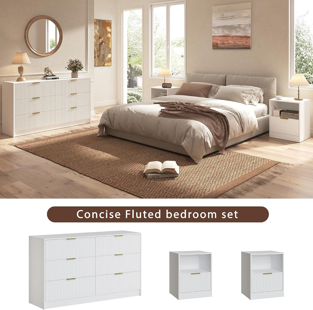 3-Piece Modern Bedroom Furniture Set, White丨6-Drawer Dresser & 1-Drawer N...
