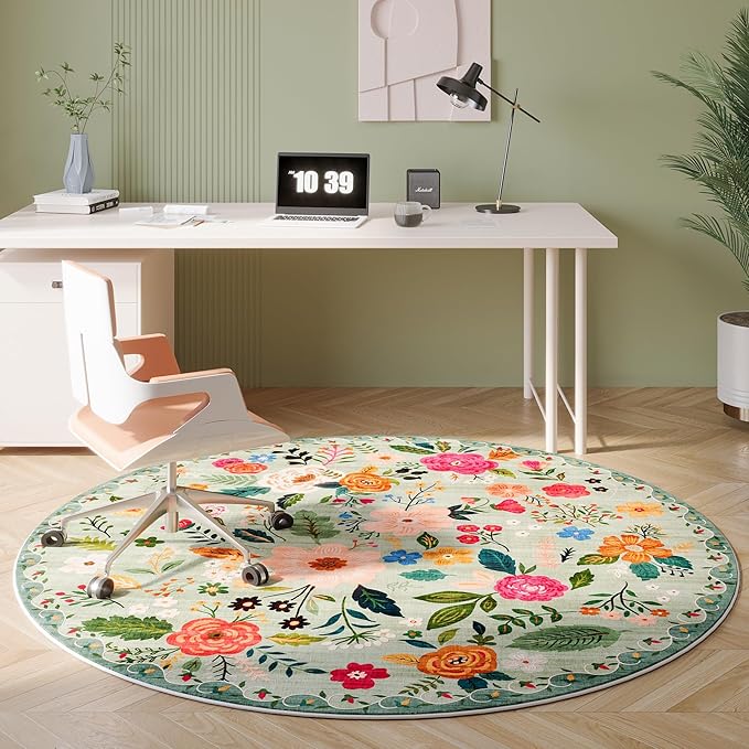 Rugcomf Round Rug 6ft Washable Circle Rug Non Slip Low Pile Boho Floral Small - Image 5