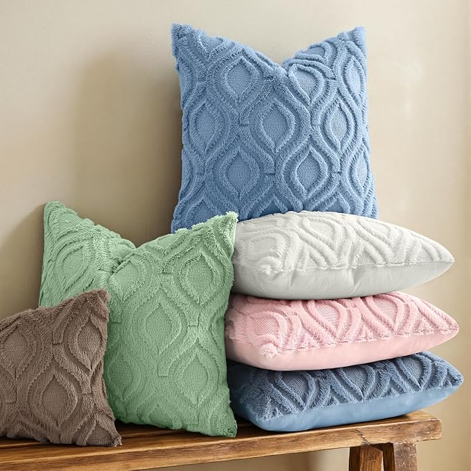 decorUhome Throw Pillow Covers 16x16 Inch Set of 2, Soft Plush Faux Wool Bluen - Image 2