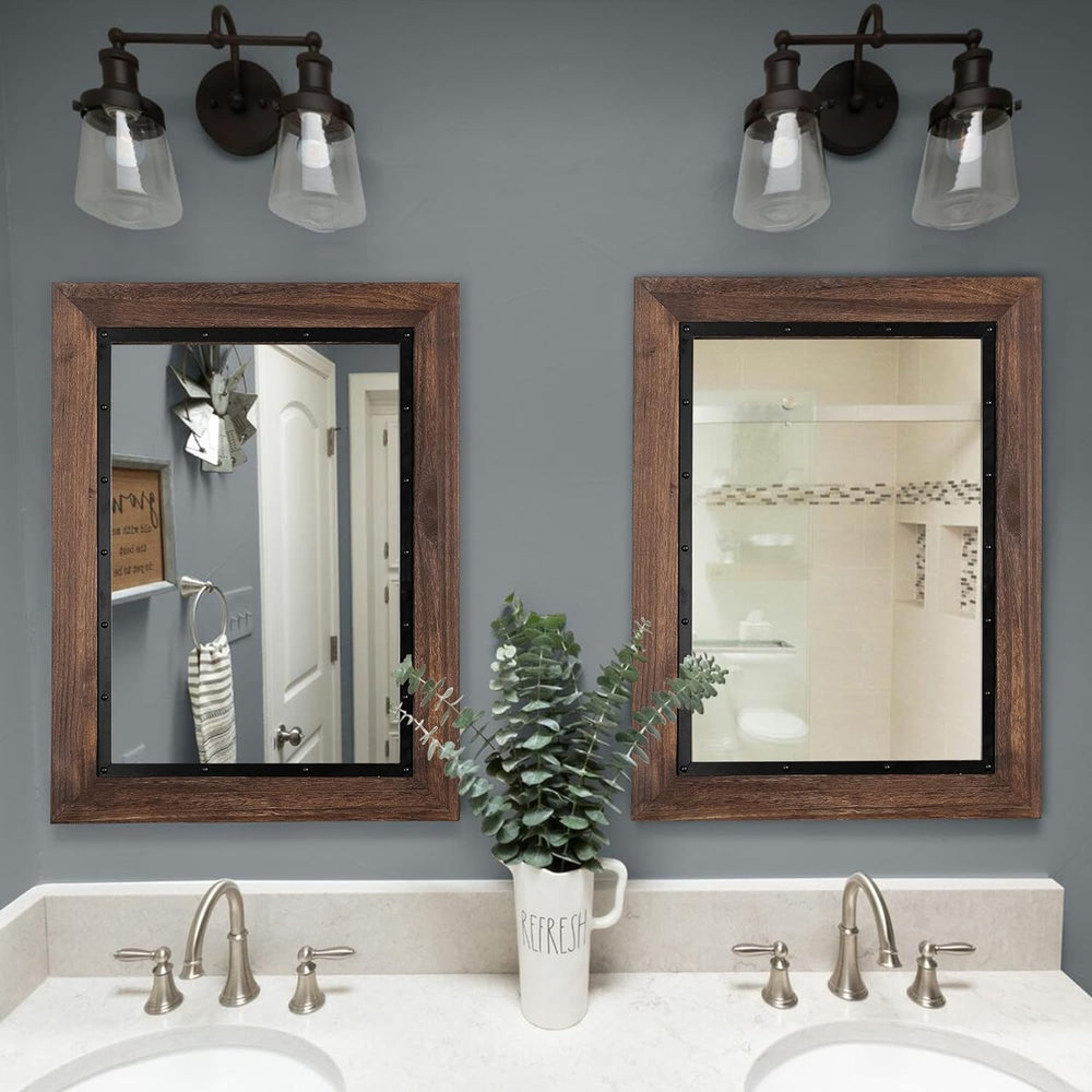 YOSHOOT Rustic Wooden Framed Wall Mirror, Natural Wood and Iron Bathroom Vani...