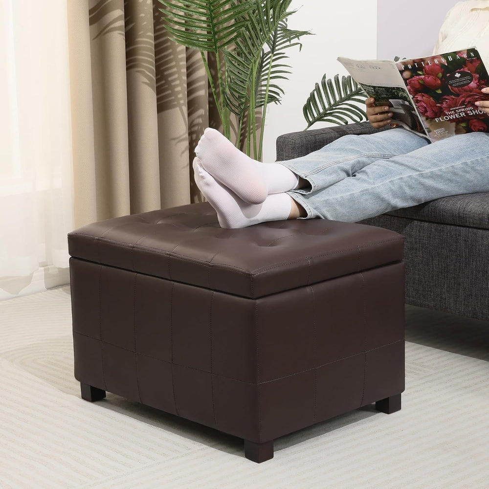 Upholstered Storage Ottoman with Hinged Lid, 23.6-Inch Faux Leather Tufted Cu...