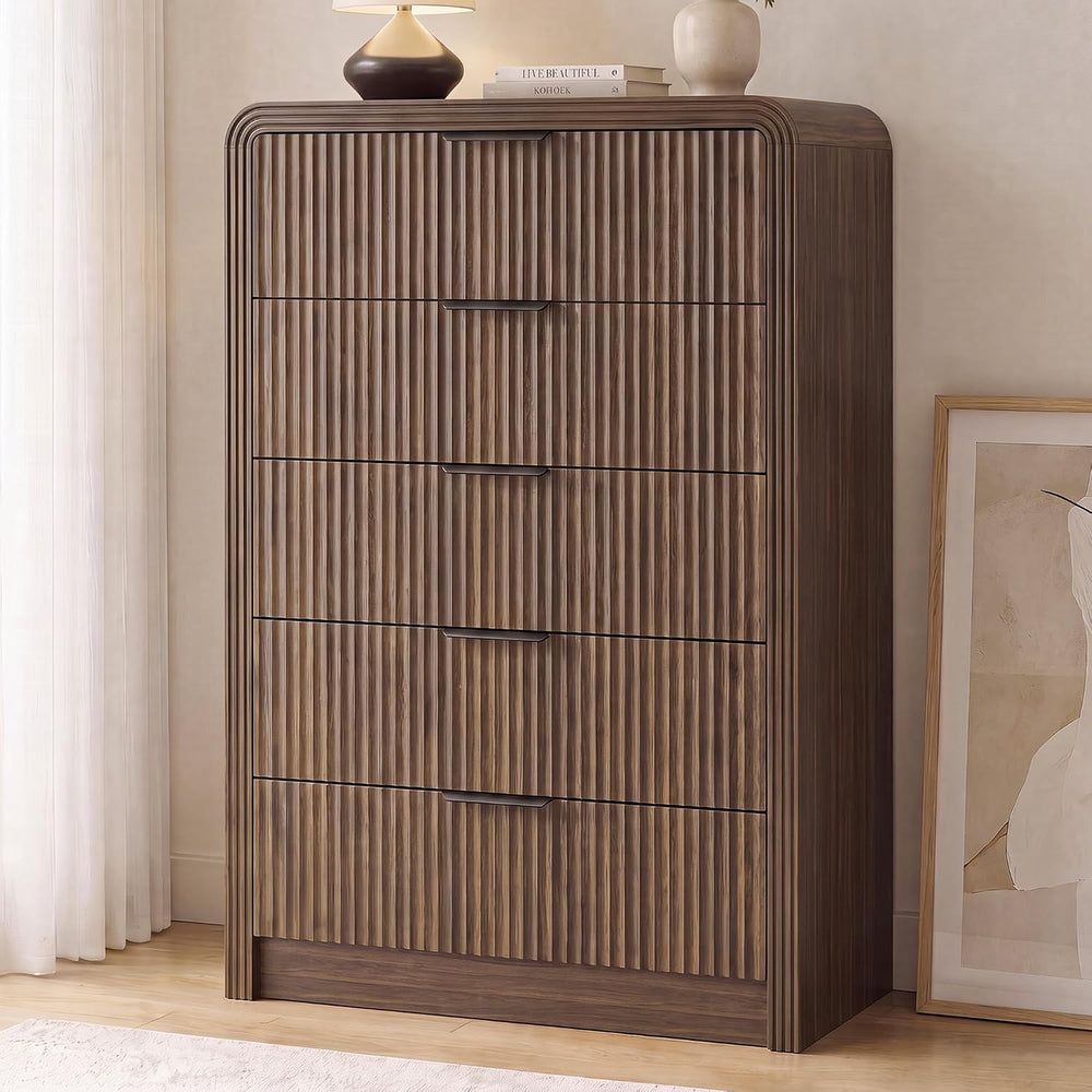 Decofy Fluted Wood Dresser 5 Drawers 48" Tall Curved Modern Chest Organizer