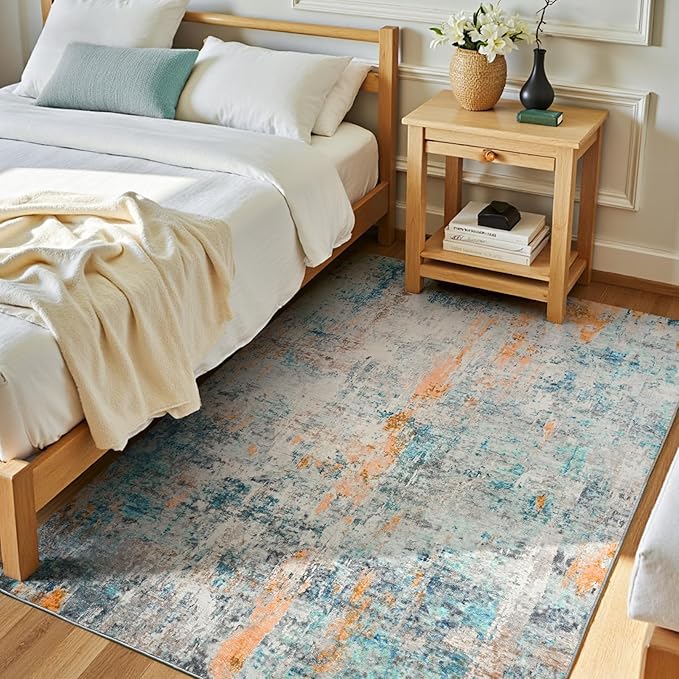 Entryway Rug 3x5 Blue Bedroom Area Rug Washable Non Slip Abstract Boho Rugs - Image 3