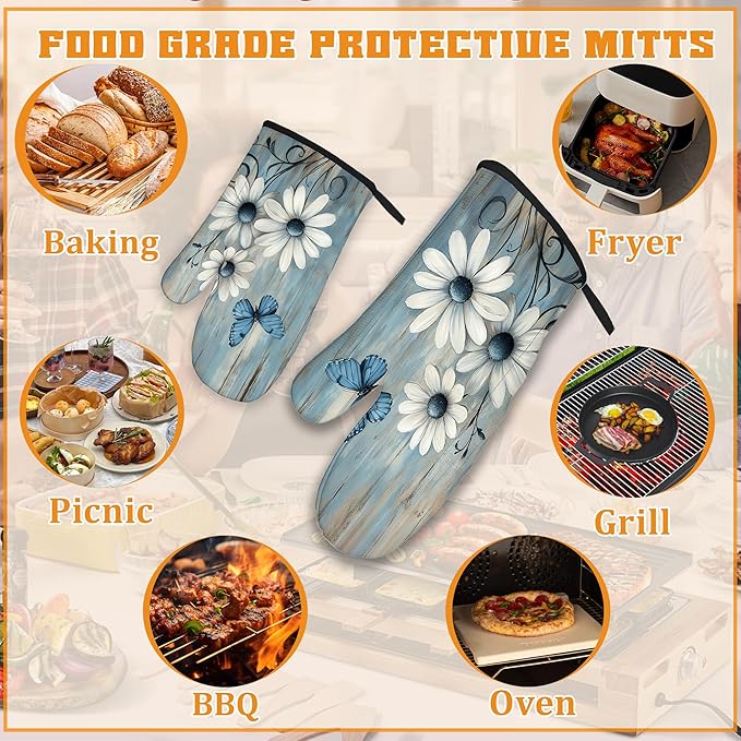 Blue Butterfly Oven Mitts and Pot Holders, Vintage Daisy Wooden Heat Resistant - Image 5