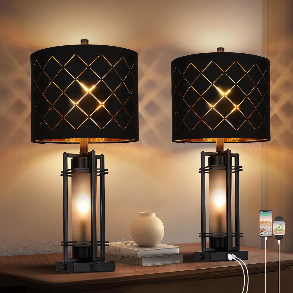 27'' Modern Table Lamp Set of 2 with Nightlight, Metal Bedside Lamps