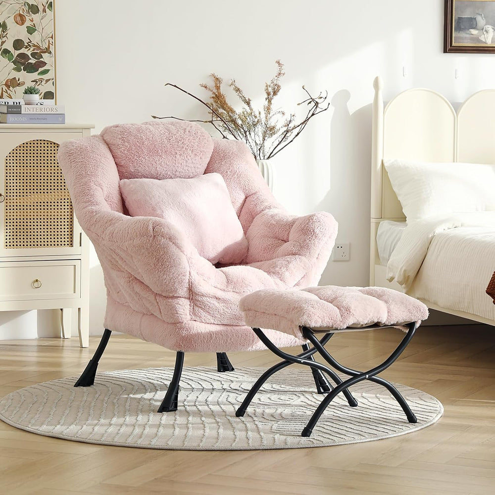 Lazy Chair with Ottoman, Plush Reading Chair with Pillow，Pink