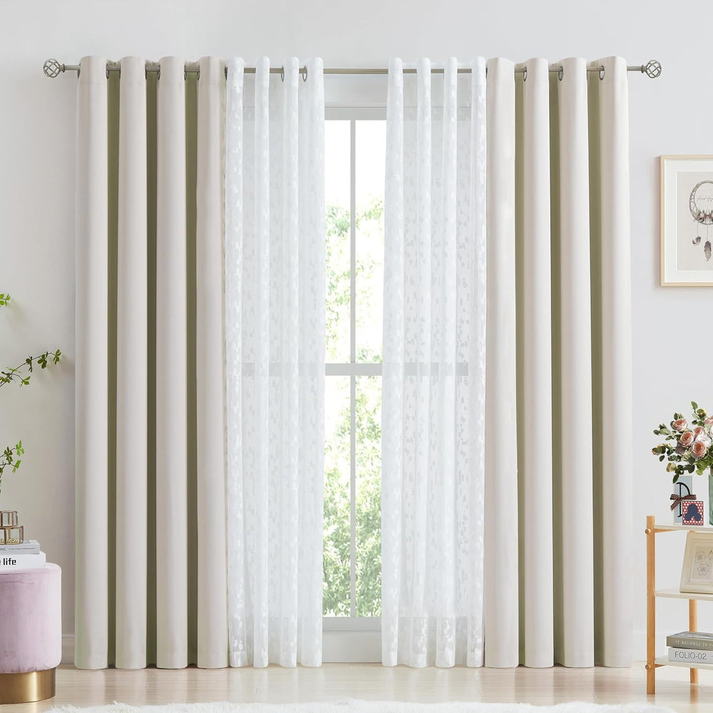 Mix Matched Beige Full Blackout & Sheer Leaf Lace Curtains 52"Wx84L ...
