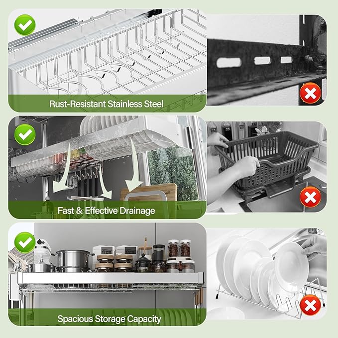 Over The Sink Dish Drainer Drying Rack 3 Tier, Full Stainless Steel Dish Drying - Image 5