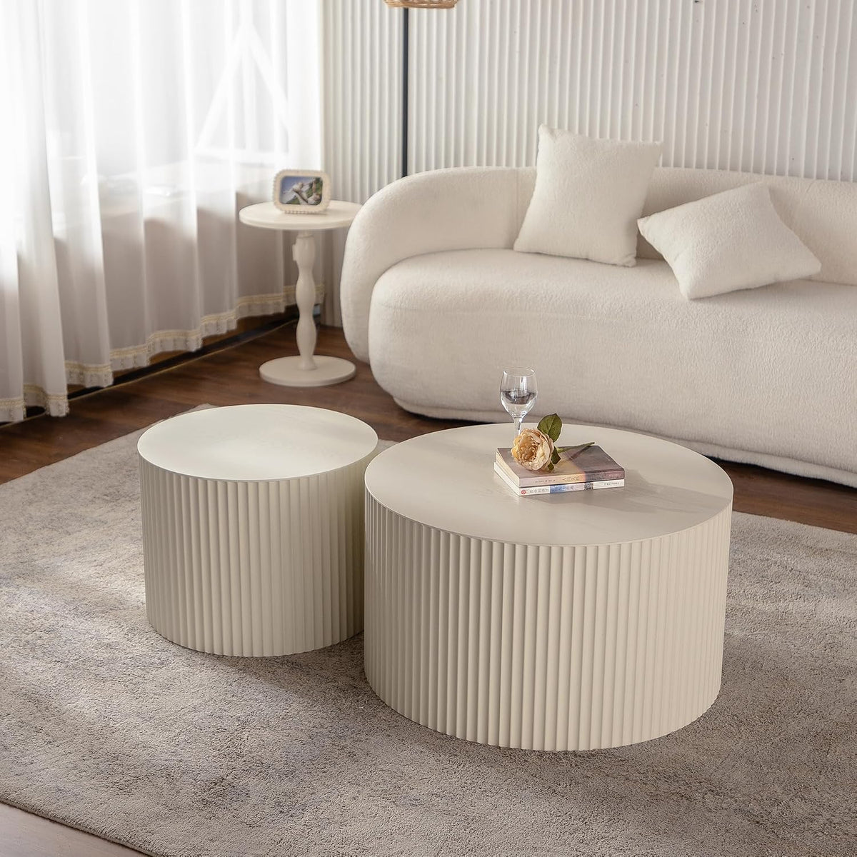 27.56" Nesting Round Coffee Table Set of 2, Morden End Table for Small Spaces, Drum Side Table, Circle Wooden Center Table for Living Room, Fully Assembled