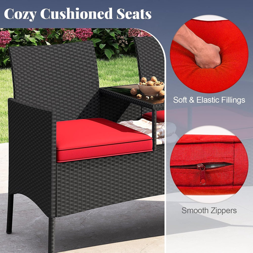 Tangkula Patio Loveseat with Built-in Table, Wicker 2-Seat Furniture with Sof...