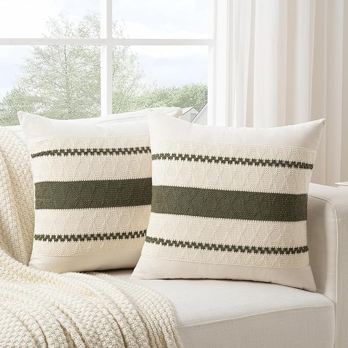 Fancy Homi Set of 1 Boho Olive Green Decorative Throw Pillow Cover 16x16 Inch - Image 2