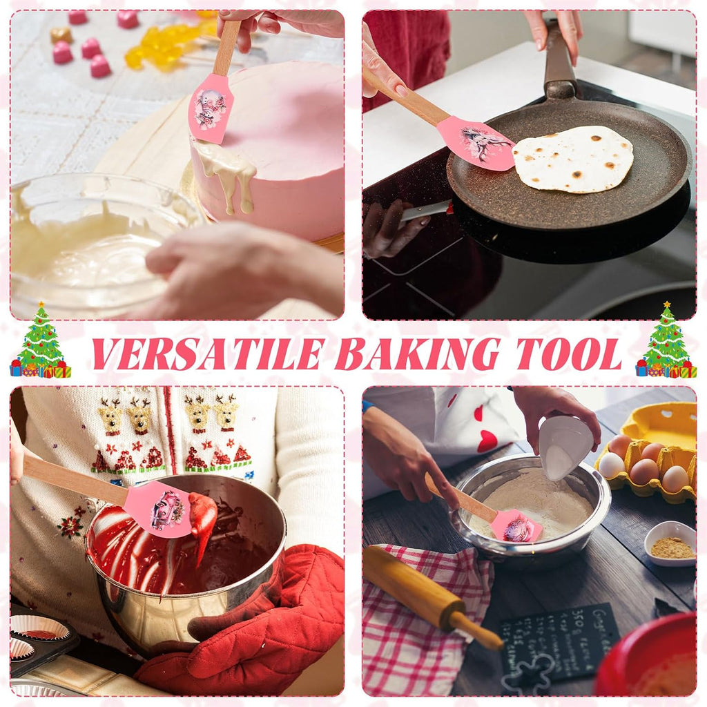Reallnaive 24 Pcs Pink Christmas Pot Holders and Silicone Spatula Gift Christmas Hot Pads with Pocket Xmas Scraper with Wooden Handle Heat Resistant Oven Mitt Cookie Bag for Baking Cooking(Cute)