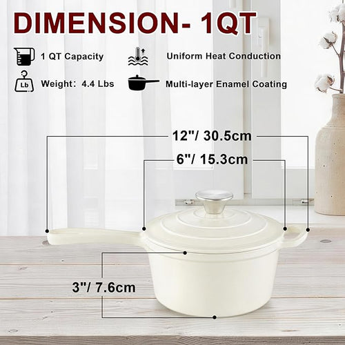1Qt Enameled Cast Iron Sauce Pan, Leonyo Dutch Oven Pot - Image 2