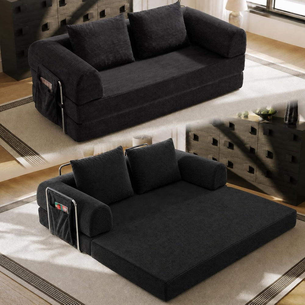 78" Convertible Sofa Bed, Corduroy Pull Out Couch with Fixed Frame &...