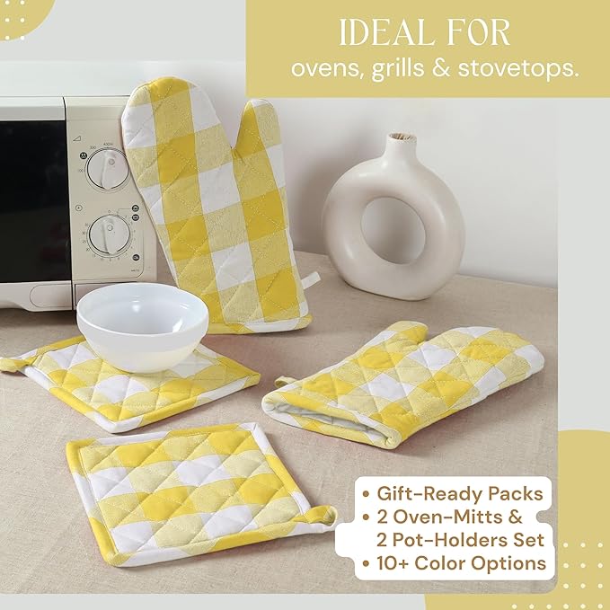 Buffalo Plaid Check Oven Mitts and Pot Holders Set, 100% Cotton, Heat Resistant - Image 2