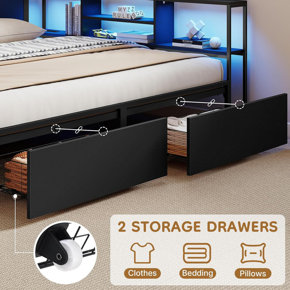 Zevemomo 2 Twin Bed Frames w/Storage Drawers, Wooden Headboard, Bookcase