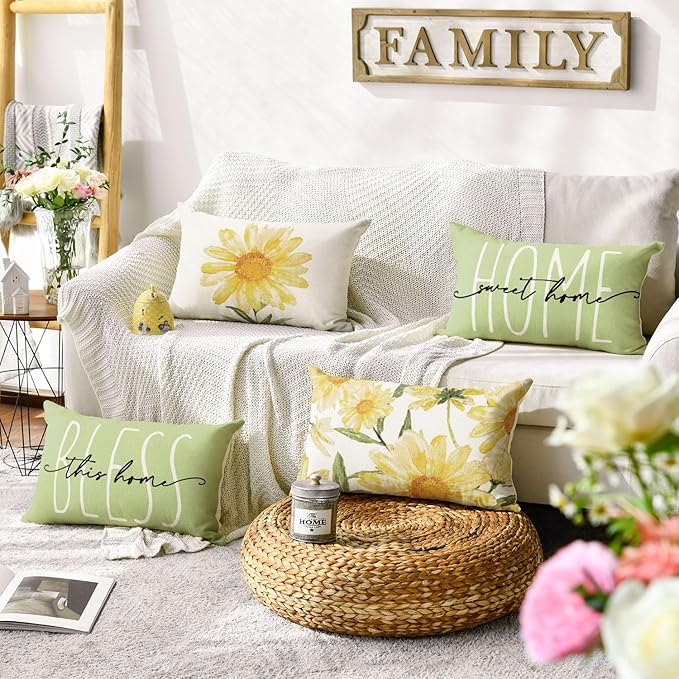 AVOIN colorlife Home Sweet Home Spring Summer Flowers Green Throw Pillow Covers - Image 2