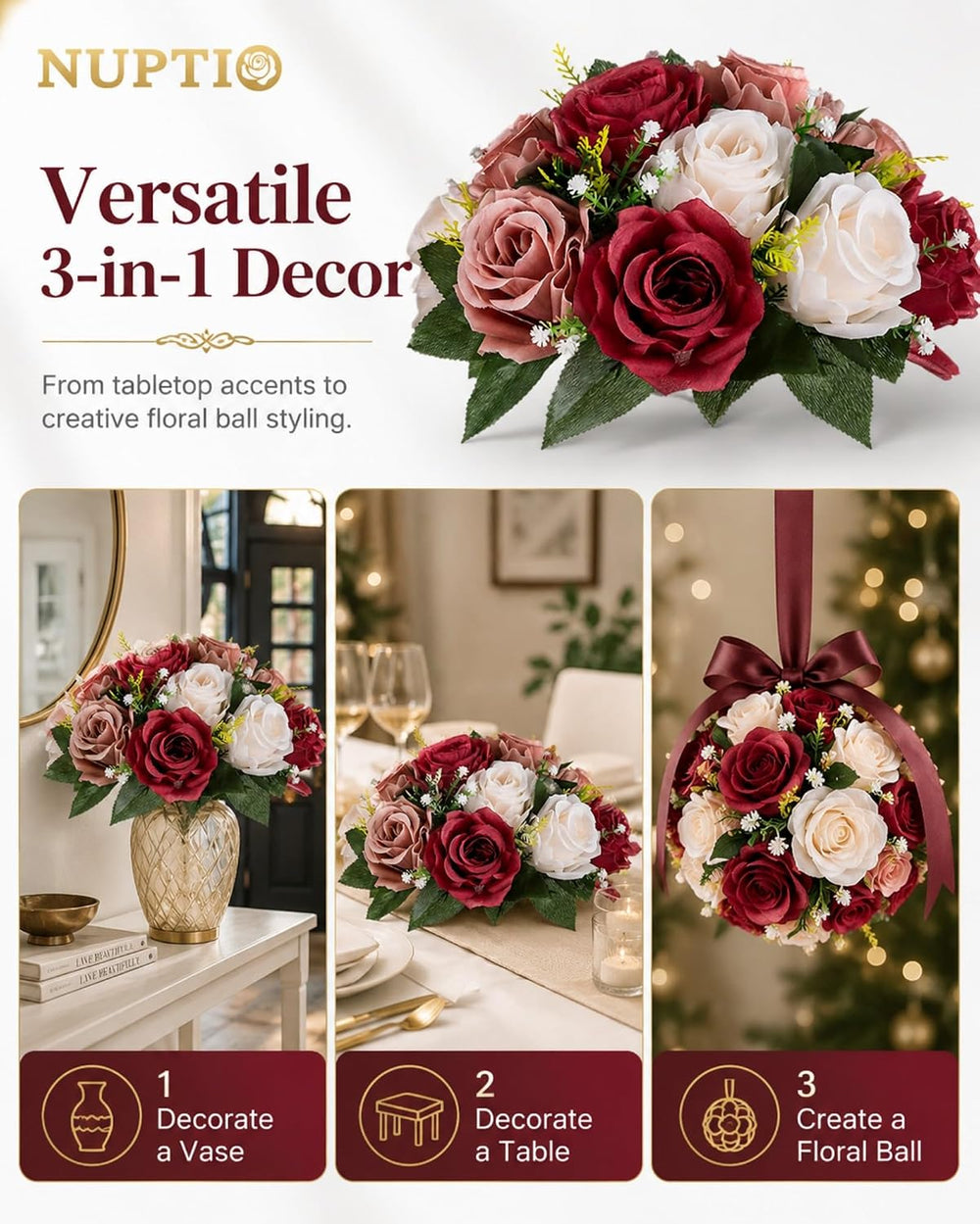 NUPTIO Artificial Flower Centrepieces for Tables: Fake Rose Balls, 10 Pcs