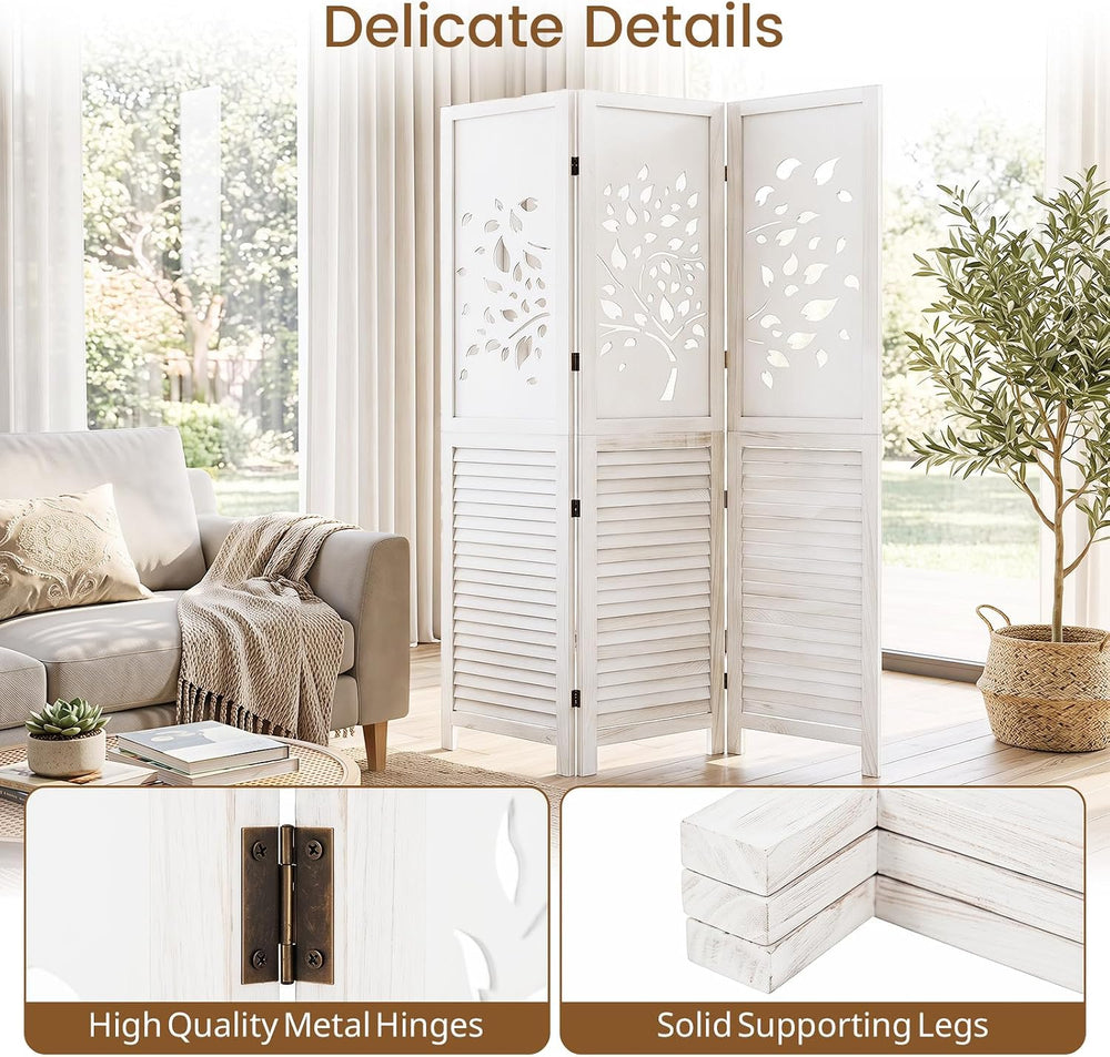 GIANTEX 3 Panel Folding Room Divider with Tree Leaf Cutout & Louvered Slats
