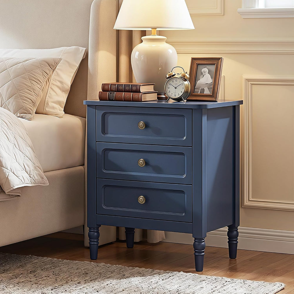 RoyalCraft Nightstand with 3 Drawers, Blue Wood Night Stand for Bedroom