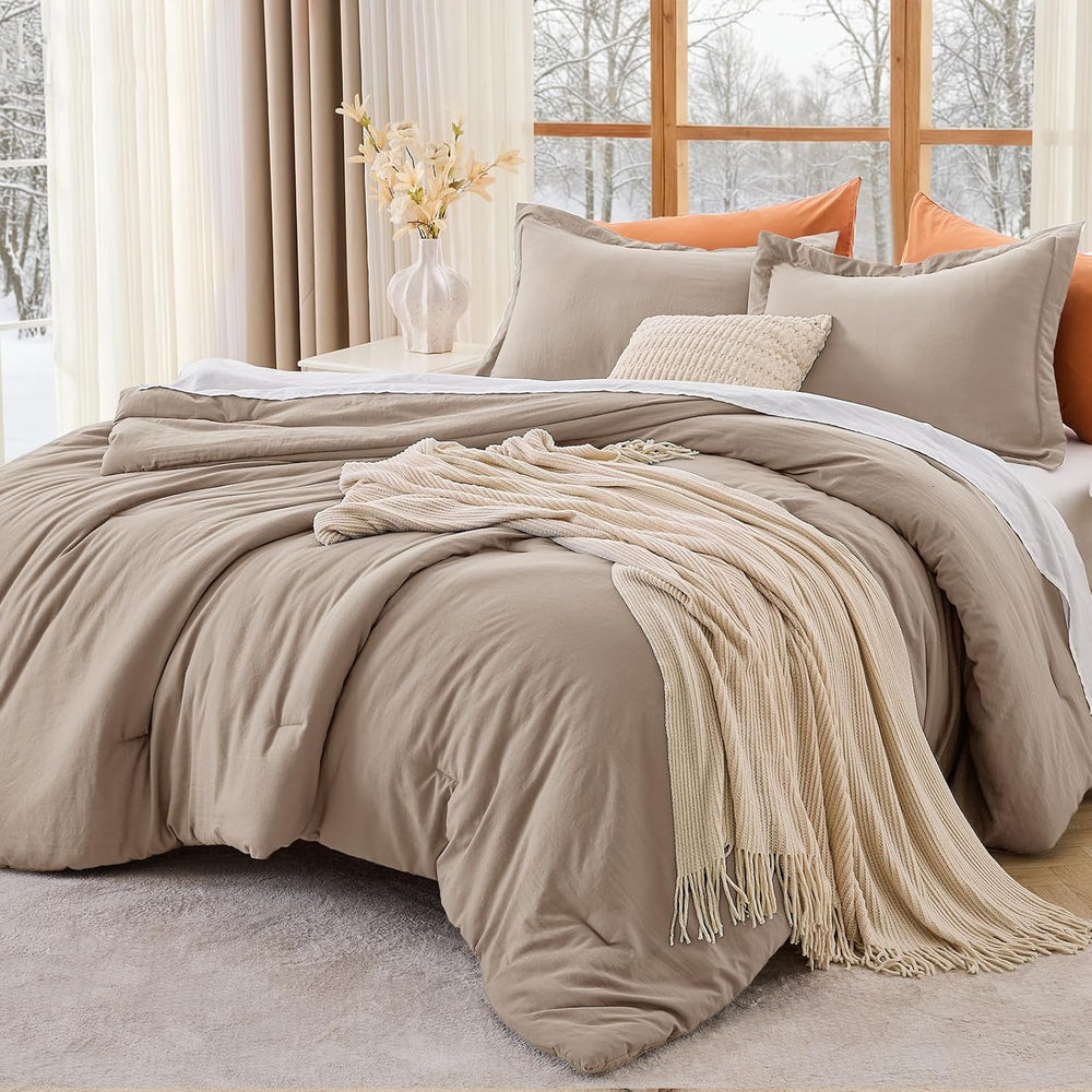 MUXHOMO Queen Comforter Set, 3-Piece All-Season Bedding, Dark Linen