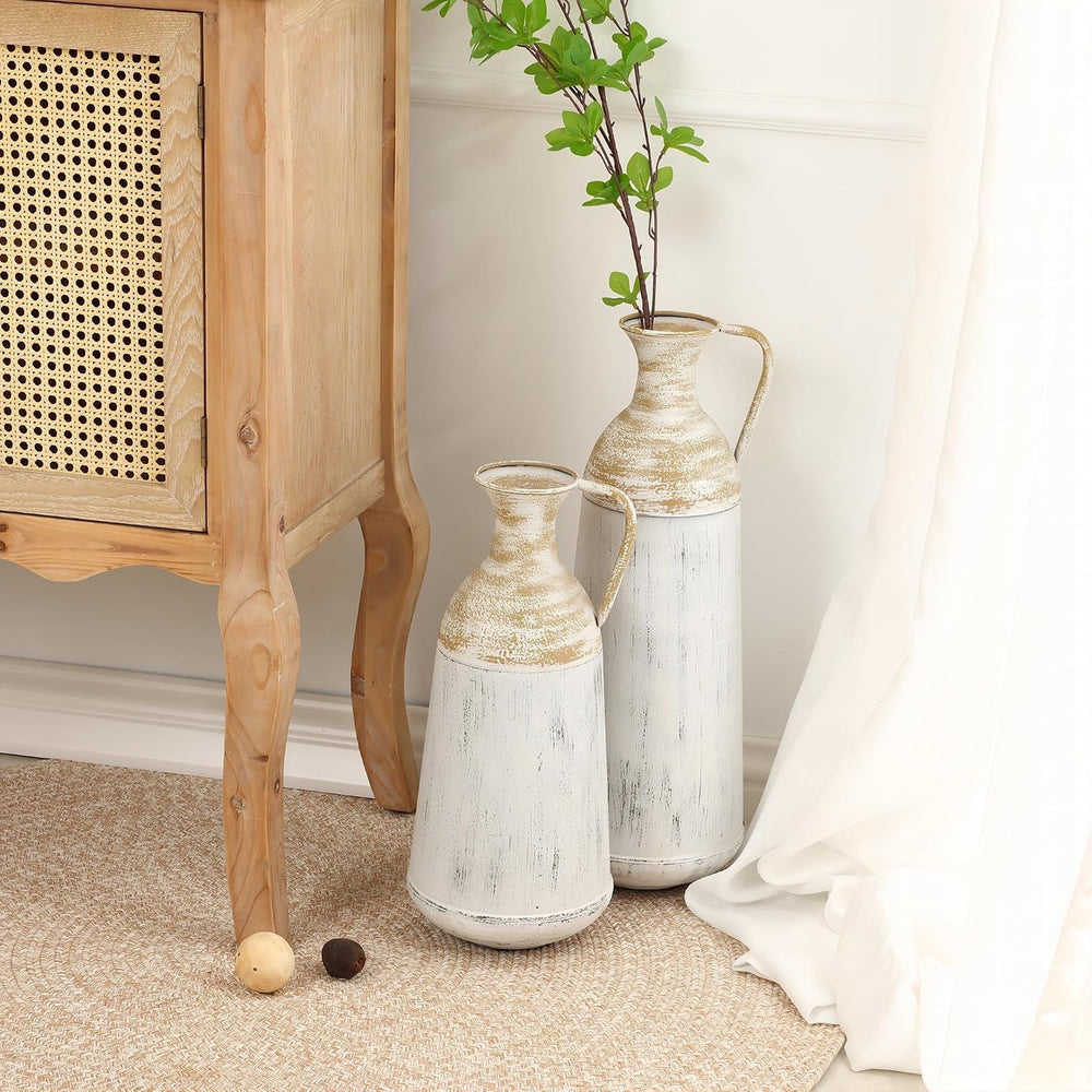 LuxenHöme Tall Floor Vase,Set of 2,Distressed Off White and Brown Rustic Meta...