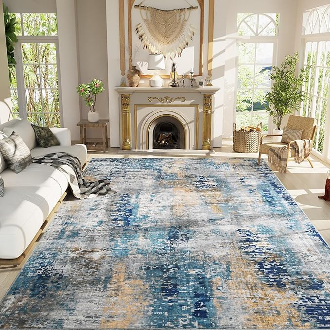Living Room Rug 7x10 Ultramarine Area Rugs Machine Washable Abstract Boho Large by OmpaaHomeDecor