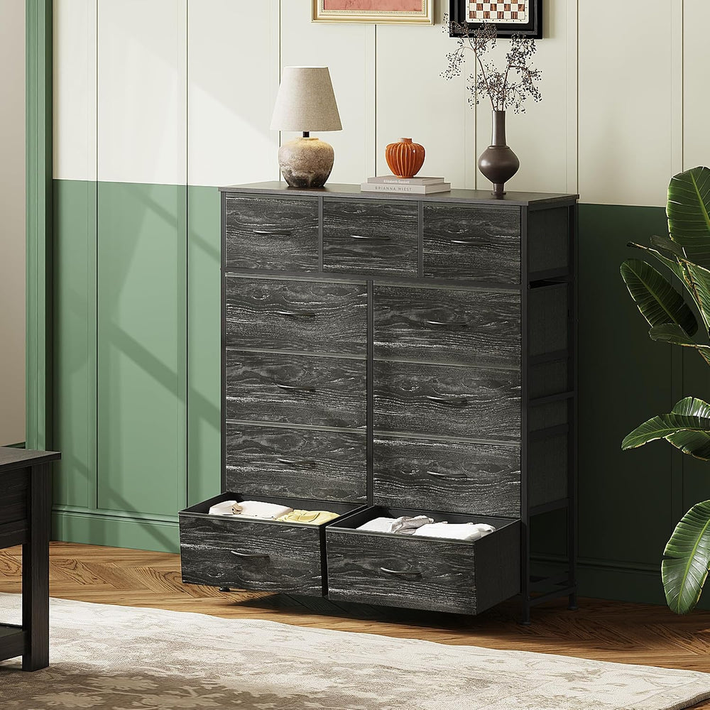 WLIVE Tall Dresser for Bedroom, 11 Drawer Fabric Dresser, Black Wood Grain