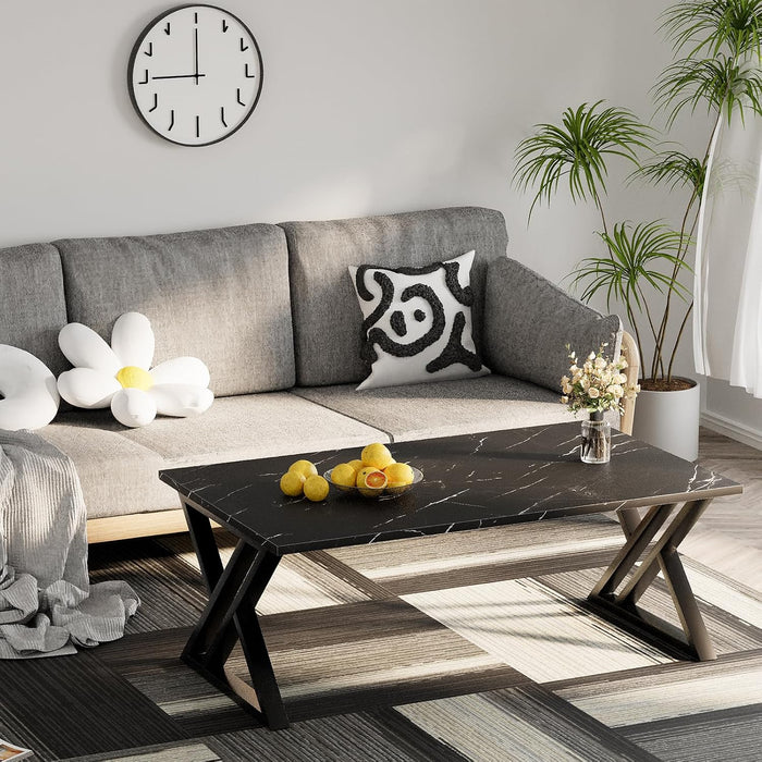 Wolawu Coffee Table Living Room Table Black Center Table, Simple Modern Faux Marble Rectangular Tea Table with Sturdy Black-Finished Metal Frame,Industrial Wooden Coffee Table for Bedroom Home Office