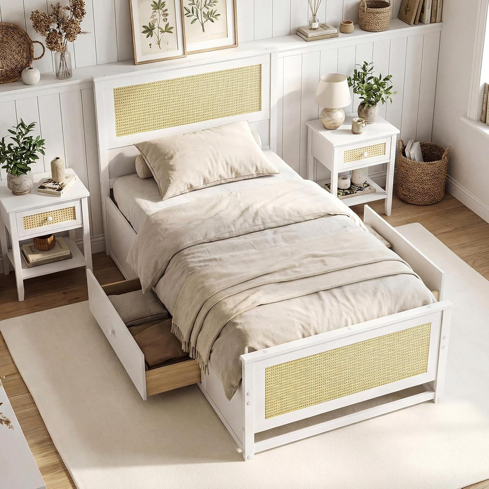 KOMFOTT Twin Rattan Bed Frame with 2 Storage Drawers, Boho Wooden Platform Be...