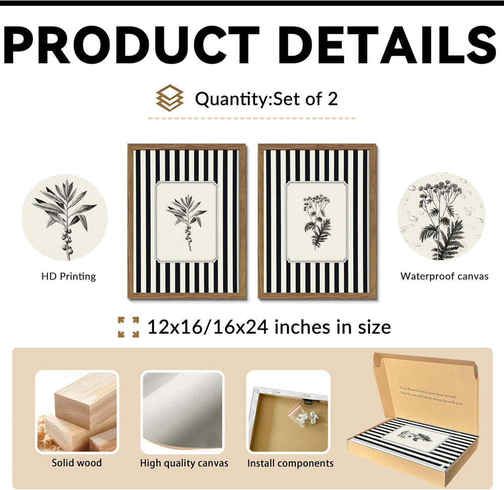 Framed Vintage Botanical Wall Art Set of 2, Black and White Striped Floral Ca...