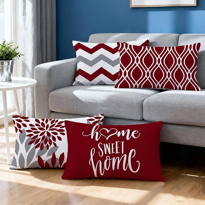 Hexagram Geometric Burgundy Pillow Covers 12x20 Set of 4, Decorative Outdoor - Image 2