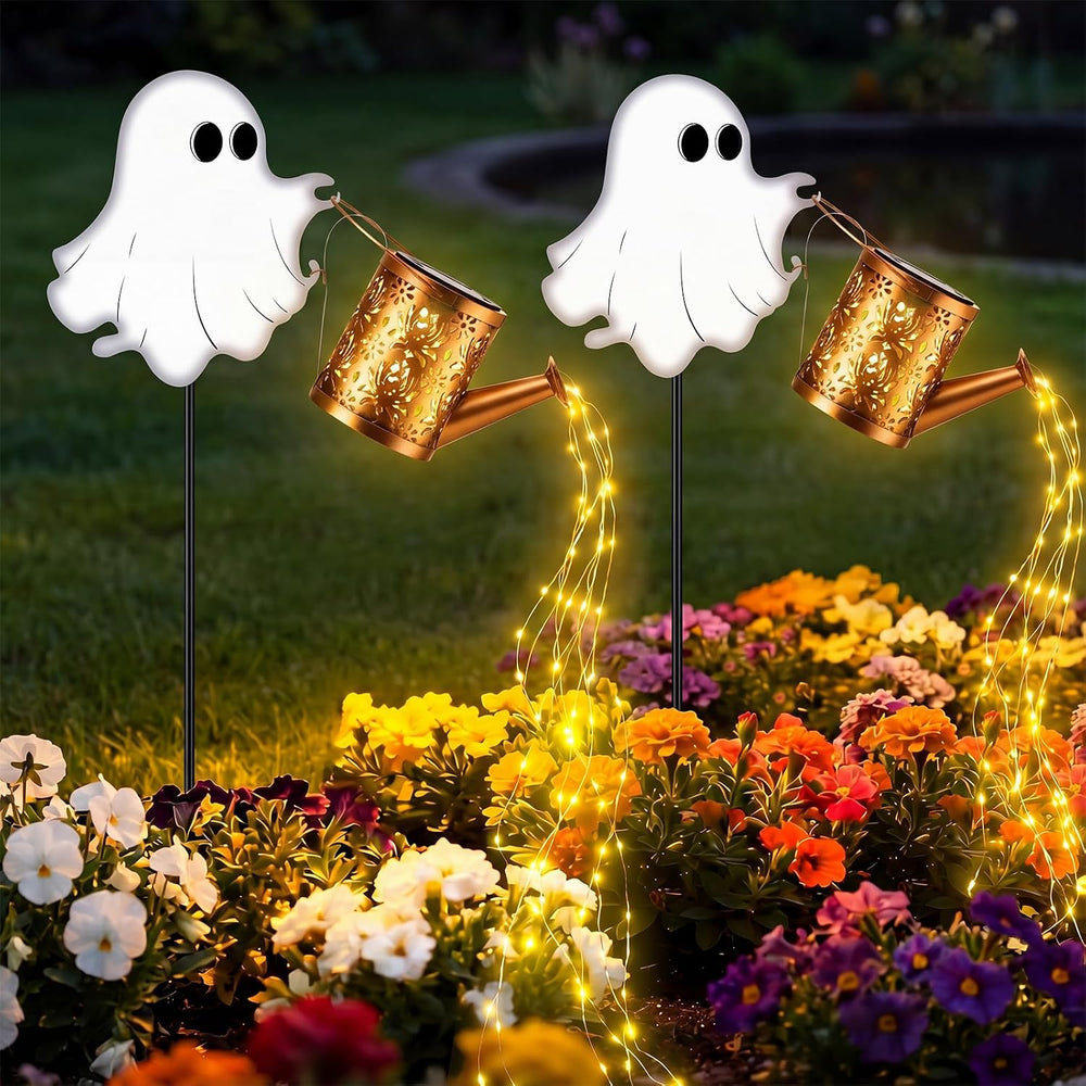 2pcs Halloween Ghost Solar Lights Outdoor Kettle Light Decor, Warm Light