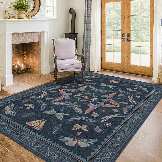 5x7 Navy Blue Boho Rugs for Living Room, Stain Resistant Non Slip Area Rug for by HazoHaus