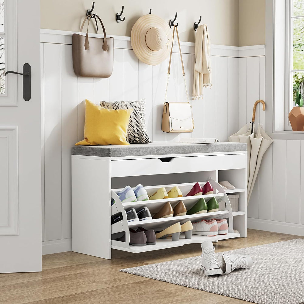 VOWNER Shoe Storage Bench with 3-Tier Flip Drawer & Padded Cushion, Shoe ...