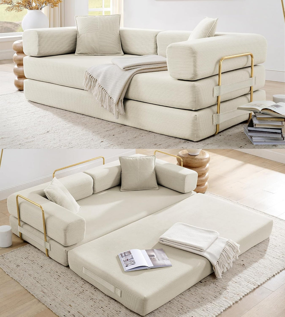 79" Convertible Sleeper Sofa Bed, Corduroy Folding Sofa Bed with Fixed-S...