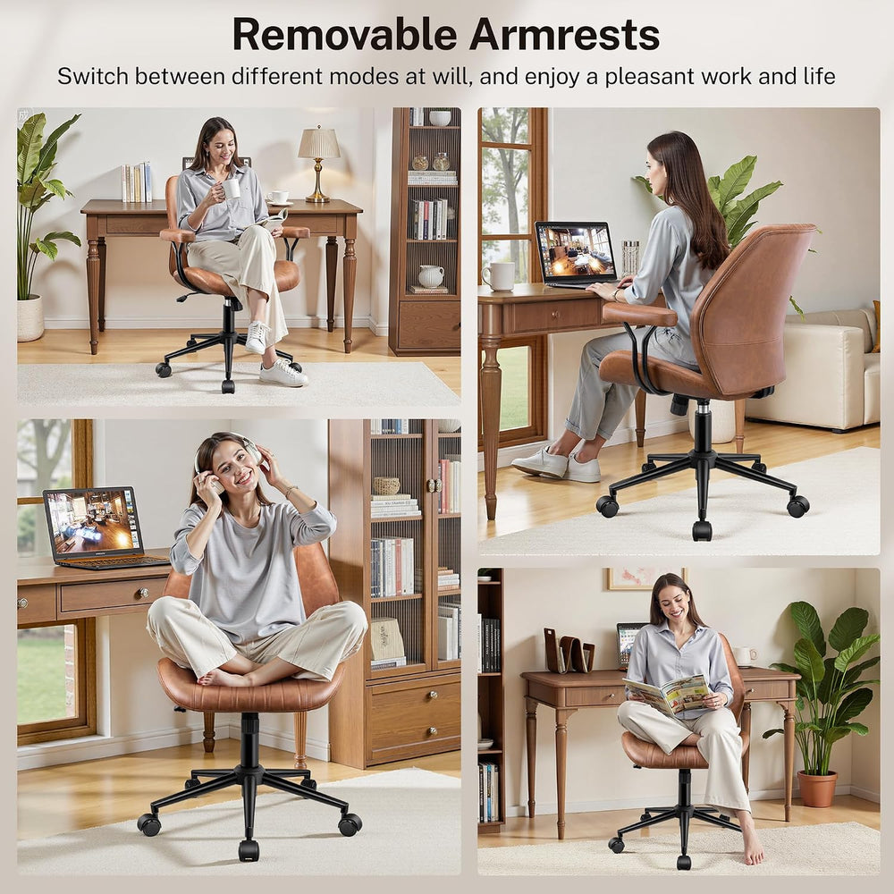 Leather Office Chair with Removable Armrests, Mid Back Ergonomic Desk Chair w...