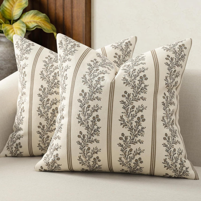 Vintage Throw Pillow Covers 26x26 Set of 2, Striped Floral Pillow Cover Botanical Patterned Decorative Cushion Covers Modern Farmhouse Home Decor for Sofa Couch Bed Living Room, Chocolate