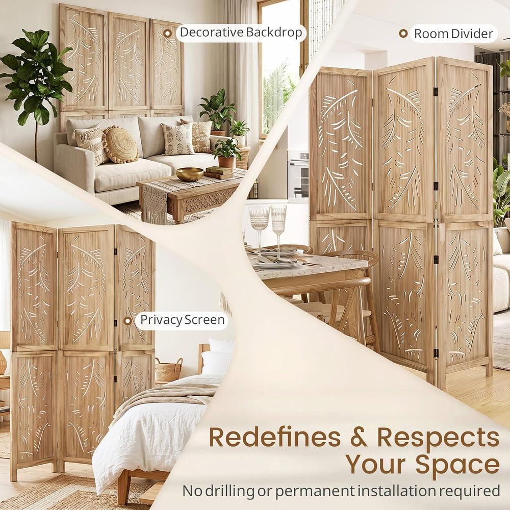 GIANTEX 3 Panel Boho Room Divider with Carved Palm Leaf Pattern, Natural
