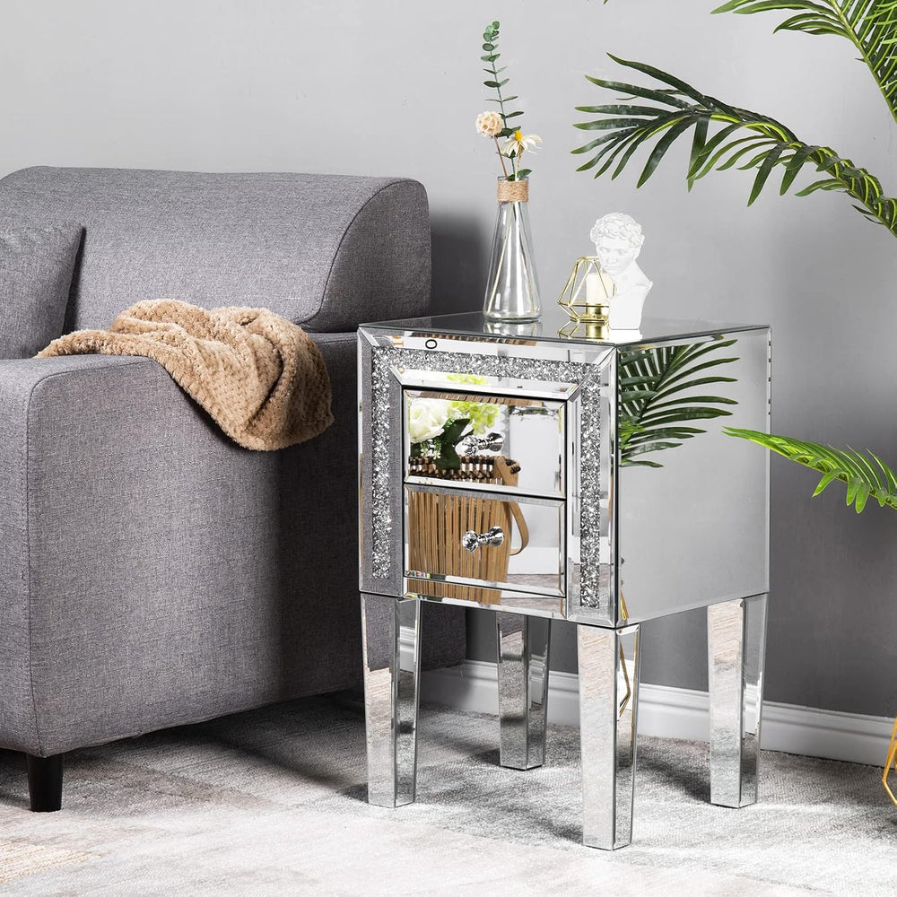 VINGLI Mirrored Nightstand Set of 2 Silver Glass Sofa/Couch Side Tables Bedro...