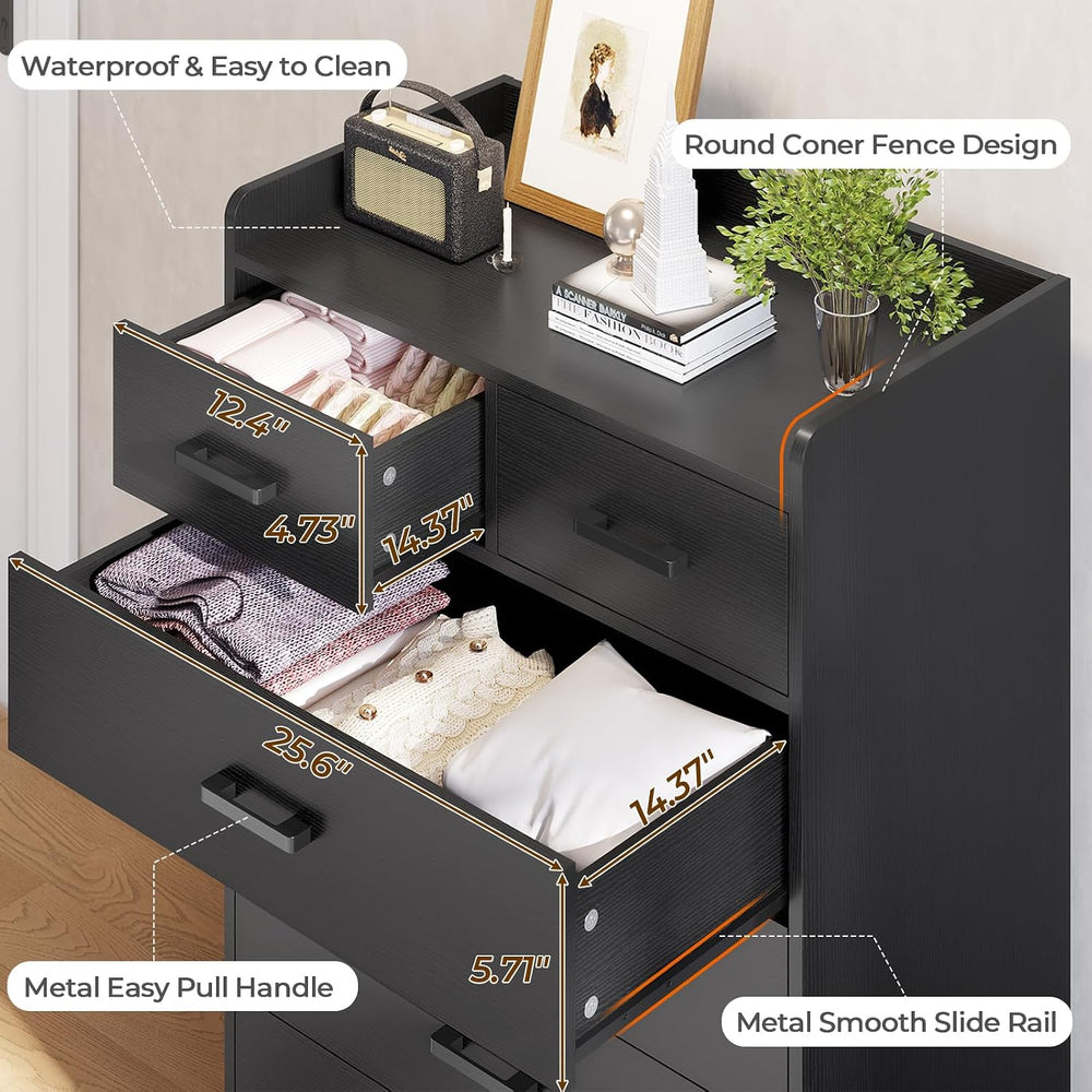 Black 6 Drawer Dresser, Wooden Storage Chest of 6 Drawers, Vertical Large Cap...