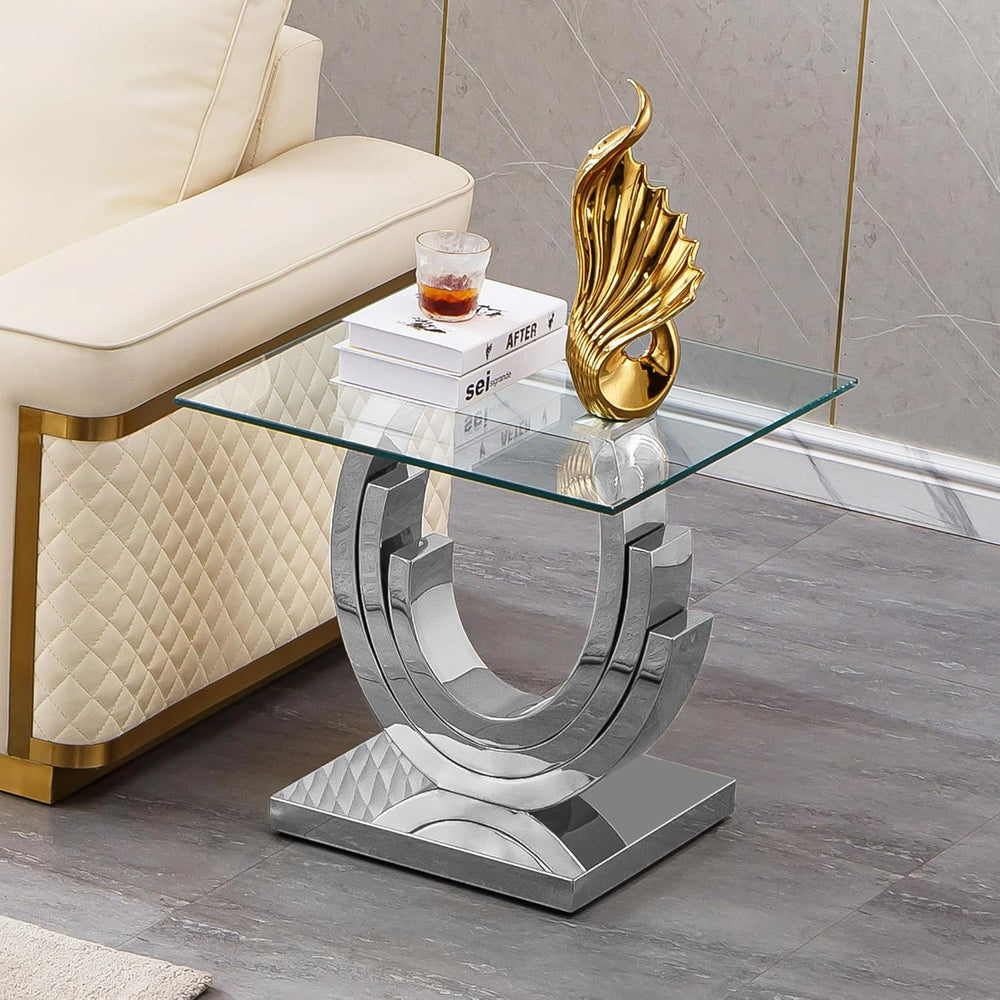 Glass End Table, 22.83" Square Side Table with Tempered Glass Top and Si...