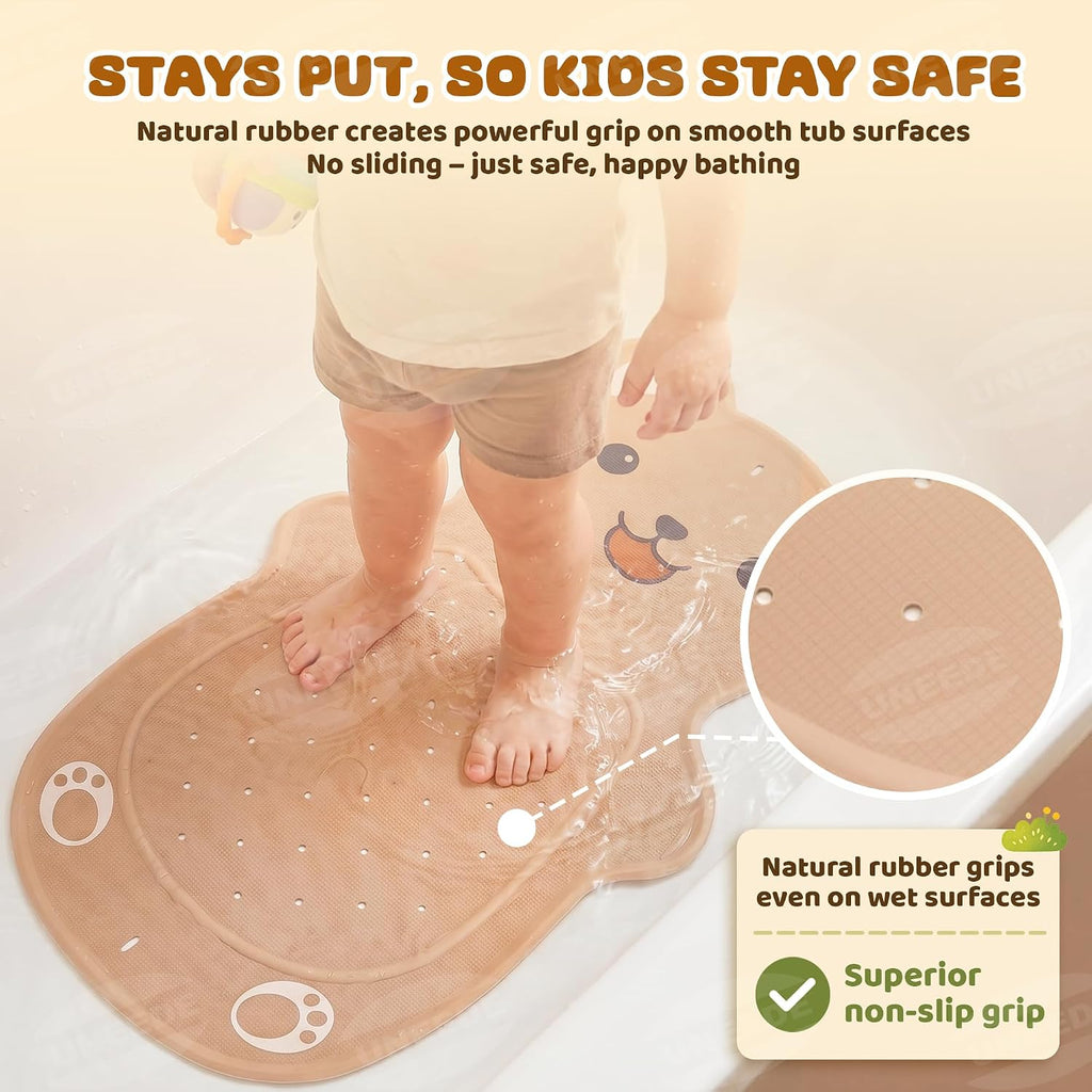 UNEEDE Non Slip Bathtub Mat for Kids | Natural Rubber Toddler Bath Mat with 126 Suction Cups and 43 Drainage Holes, Soft Machine Washable Bathroom Essentials